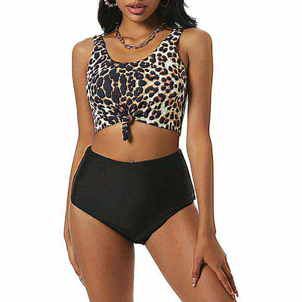 Women's Polyester Black Printed High Waist Scoop‎ Neck Knotted Swimsuit-Medium